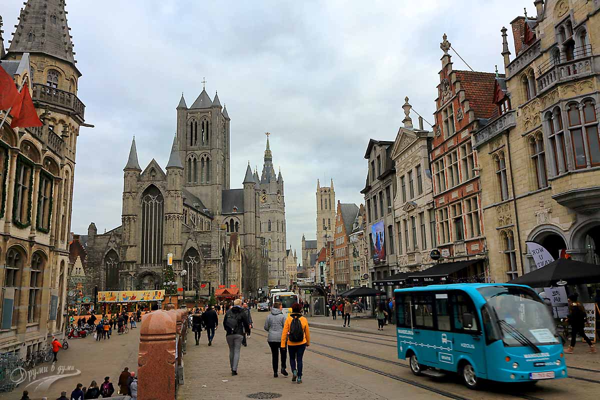 A view of the three towers of Ghent from St. Michael's Bridge.